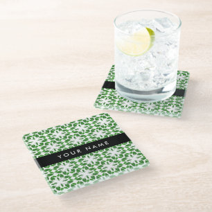 Leaf Pattern, Green Leaves, Your Name Glass Coaster