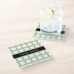 Leaf Pattern, Green Leaves, Your Name Glass Coaster