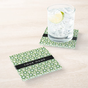 Leaf Pattern, Green Leaves, Your Name Glass Coaster