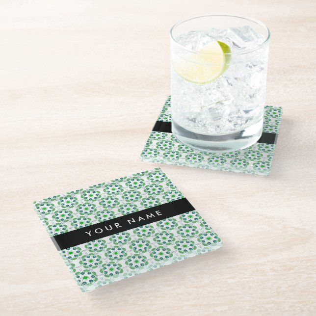Leaf Pattern, Green Leaves, Your Name Glass Coaster (Angled)