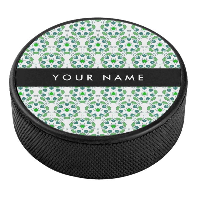 Leaf Pattern, Green Leaves, Your Name Hockey Puck (3/4)