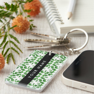Leaf Pattern, Green Leaves, Your Name Key Ring