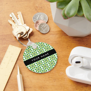 Leaf Pattern, Green Leaves, Your Name Key Ring