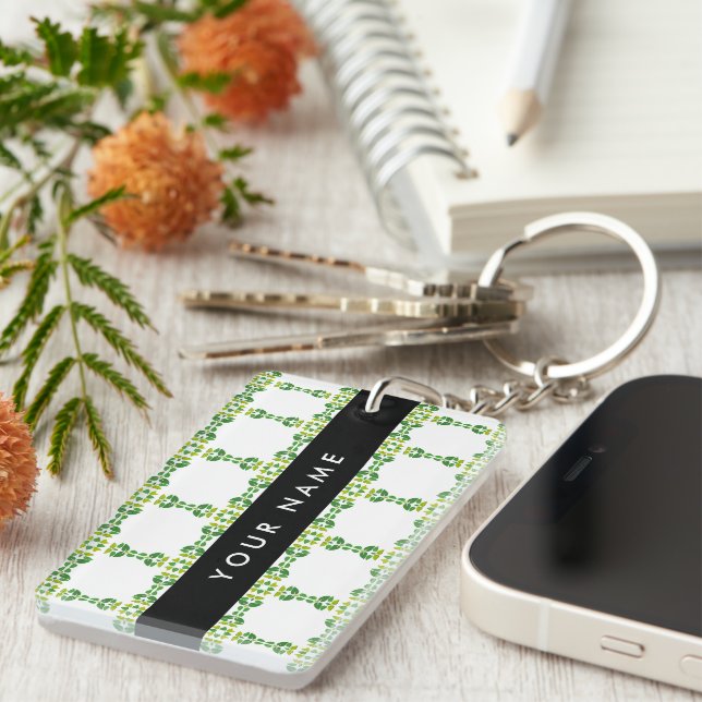 Leaf Pattern, Green Leaves, Your Name Key Ring (Front Right)
