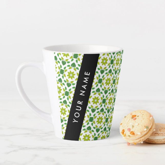 Leaf Pattern, Green Leaves, Your Name Latte Mug (In Situ)
