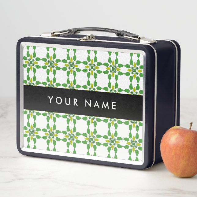 Leaf Pattern, Green Leaves, Your Name Metal Lunch Box (In Situ)