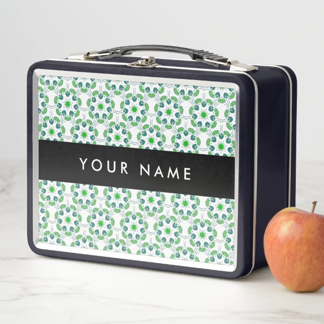Leaf Pattern, Green Leaves, Your Name Metal Lunch Box (In Situ)