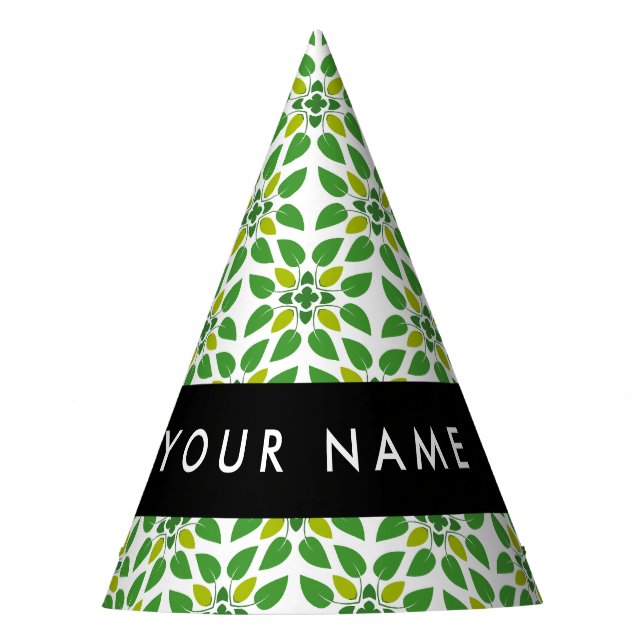Leaf Pattern, Green Leaves, Your Name Party Hat (Front)