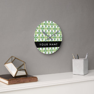 Leaf Pattern, Green Leaves, Your Name Round Clock