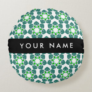 Leaf Pattern, Green Leaves, Your Name Round Cushion