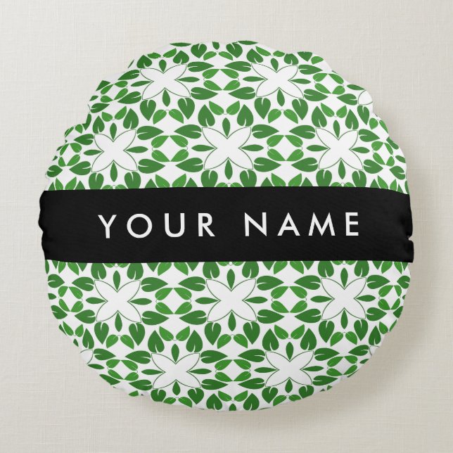Leaf Pattern, Green Leaves, Your Name Round Cushion (Front)