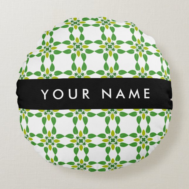 Leaf Pattern, Green Leaves, Your Name Round Cushion (Front)