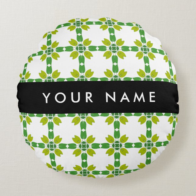 Leaf Pattern, Green Leaves, Your Name Round Cushion (Front)