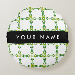 Leaf Pattern, Green Leaves, Your Name Round Cushion