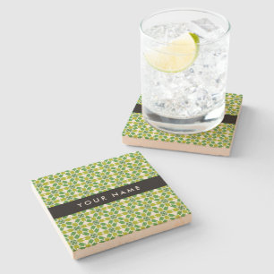 Leaf Pattern, Green Leaves, Your Name Stone Coaster