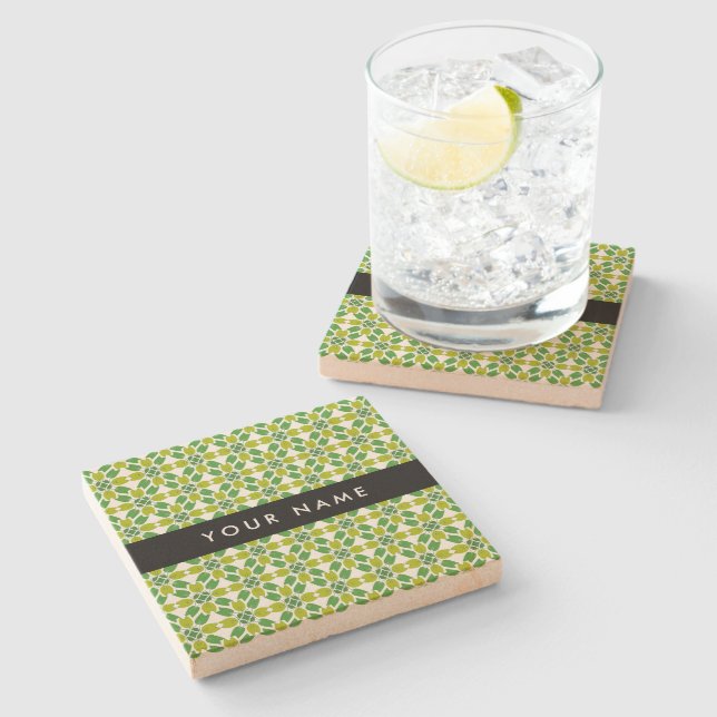Leaf Pattern, Green Leaves, Your Name Stone Coaster (Side)