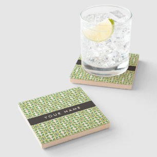 Leaf Pattern, Green Leaves, Your Name Stone Coaster