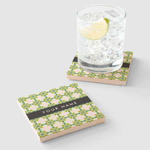 Leaf Pattern, Green Leaves, Your Name Stone Coaster