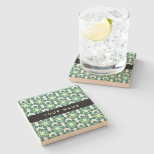 Leaf Pattern, Green Leaves, Your Name Stone Coaster