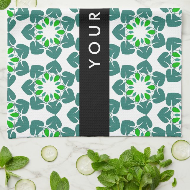 Leaf Pattern, Green Leaves, Your Name Tea Towel (Folded)