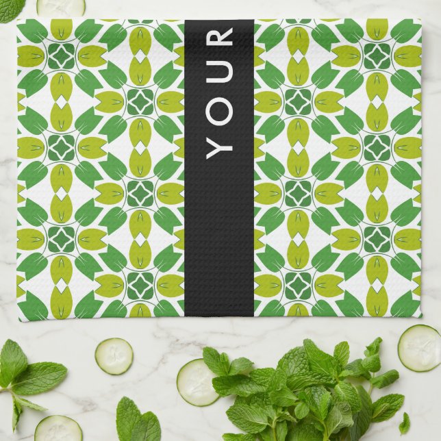 Leaf Pattern, Green Leaves, Your Name Tea Towel (Folded)
