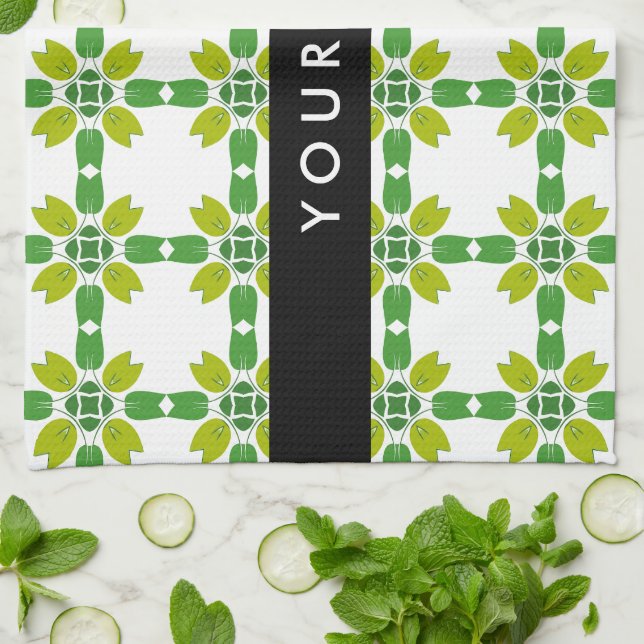 Leaf Pattern, Green Leaves, Your Name Tea Towel (Folded)
