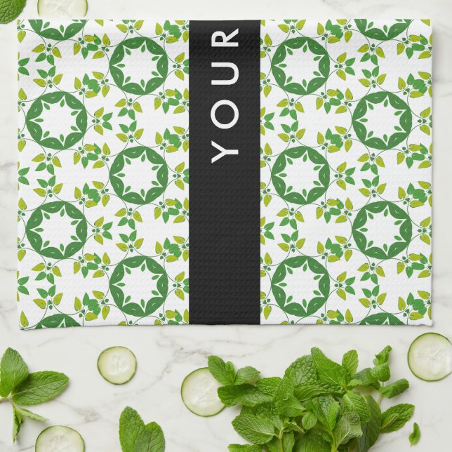 Leaf Pattern, Green Leaves, Your Name Tea Towel (Folded)