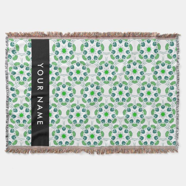 Leaf Pattern, Green Leaves, Your Name Throw Blanket (Front)