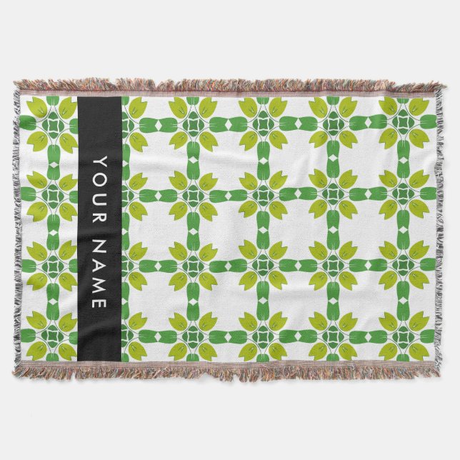 Leaf Pattern, Green Leaves, Your Name Throw Blanket (Front)