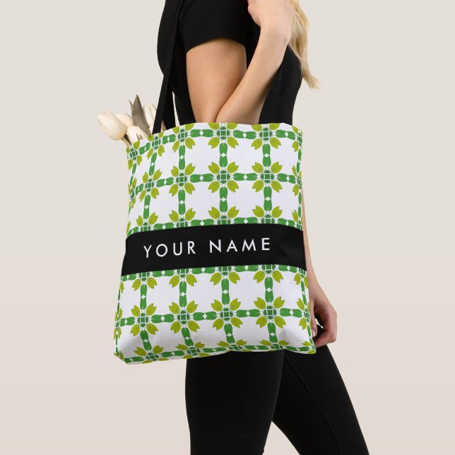 Leaf Pattern, Green Leaves, Your Name Tote Bag (Close Up)