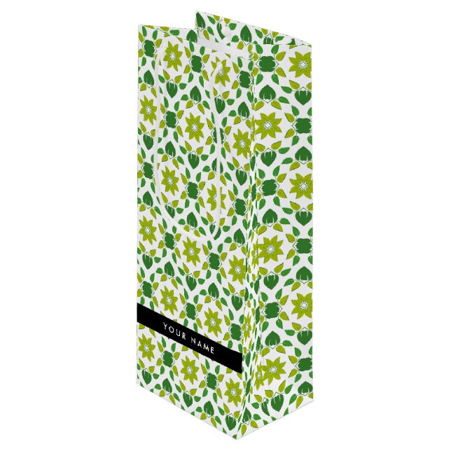 Leaf Pattern, Green Leaves, Your Name Wine Gift Bag (Front Angled)