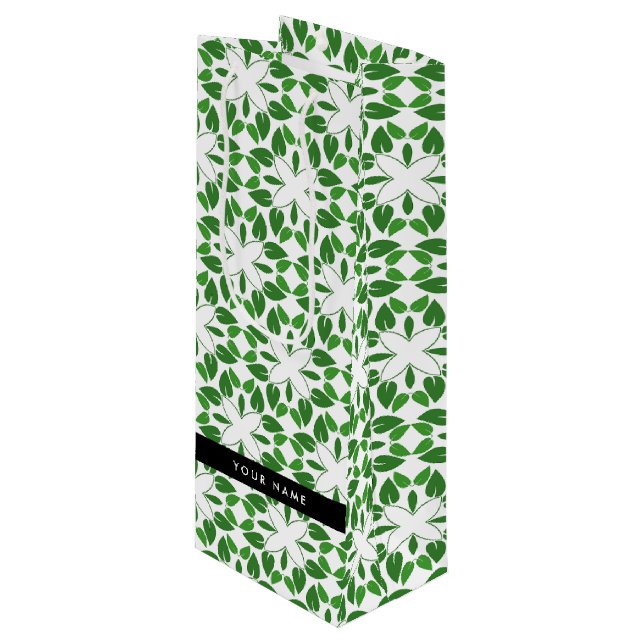 Leaf Pattern, Green Leaves, Your Name Wine Gift Bag (Front Angled)