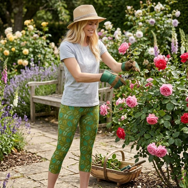 Leaf  Pattern on Olive Green  Capri Leggings (
Capri Styled for movement.  Perfect for garden mornings and rose-picking afternoons)