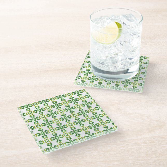 Leaf Pattern, Pattern Of Leaves, Green Leaves Glass Coaster (Angled)