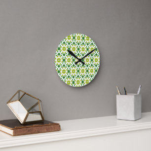 Leaf Pattern, Pattern Of Leaves, Green Leaves Round Clock