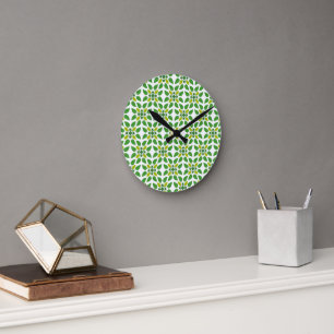 Leaf Pattern, Pattern Of Leaves, Green Leaves Round Clock
