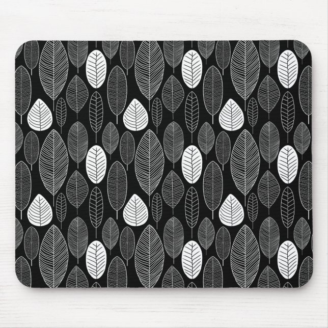 Leaf Pattern - White on Black Mouse Mat (Front)