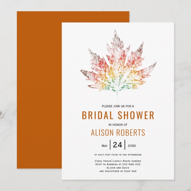 Leaf print burnt orange fall wedding bridal shower invitation (Front/Back)