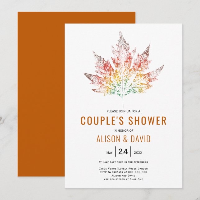 Leaf print orange fall wedding couples shower invitation (Front/Back)
