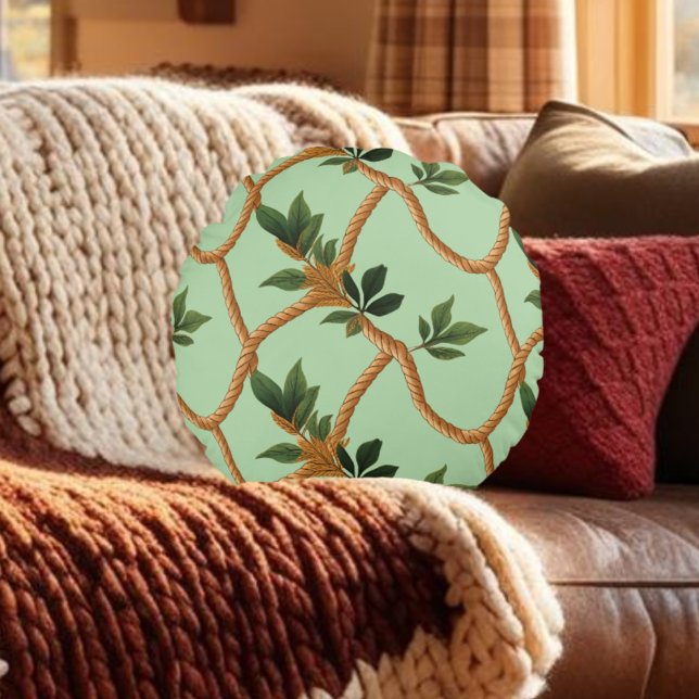 leaf Rope Green Brown Pattern  Round Cushion (Creator Uploaded)