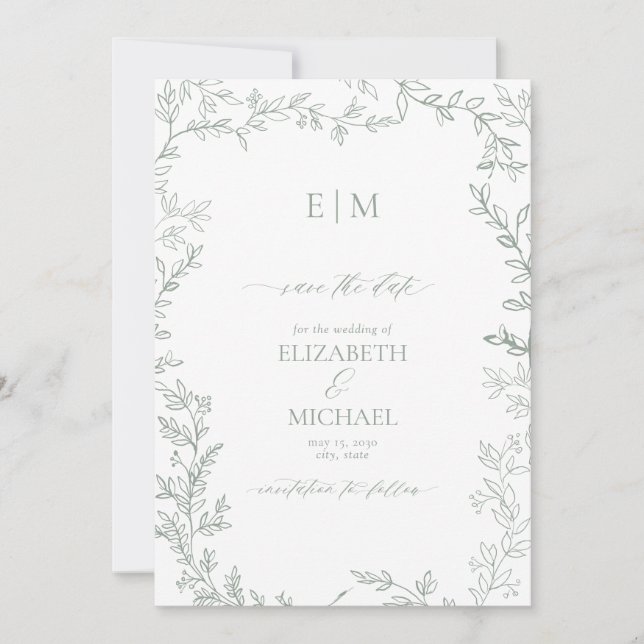 Leaf Sage Green Elegant Monogram Save the Date Invitation (Front)