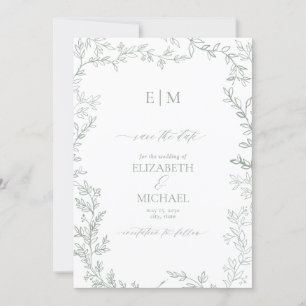 Leaf Sage Green Elegant Monogram Save the Date Invitation