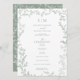 Leaf Sage Green Elegant Monogram Wedding Programme