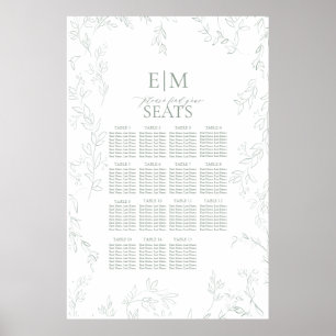 Leaf Sage Green Elegant Monogram Wedding Seating Poster