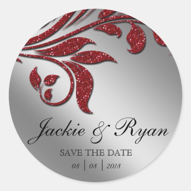 Leaf Save Date Wedding Stickers Red Sparkle Xmas (Front)