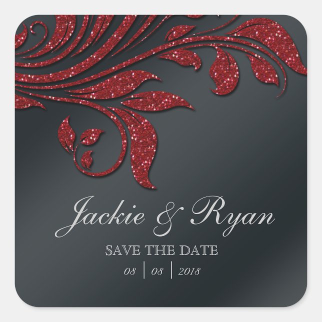 Leaf Save Date Wedding Stickers Red Sparkle Xmas 2 (Front)
