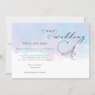 Leaf Script Pink Blue Lilac Watercolors Wedding Invitation