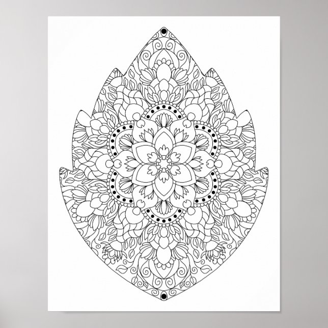 Leaf Shape Floral Mandala Adult Colouring Poster (Front)