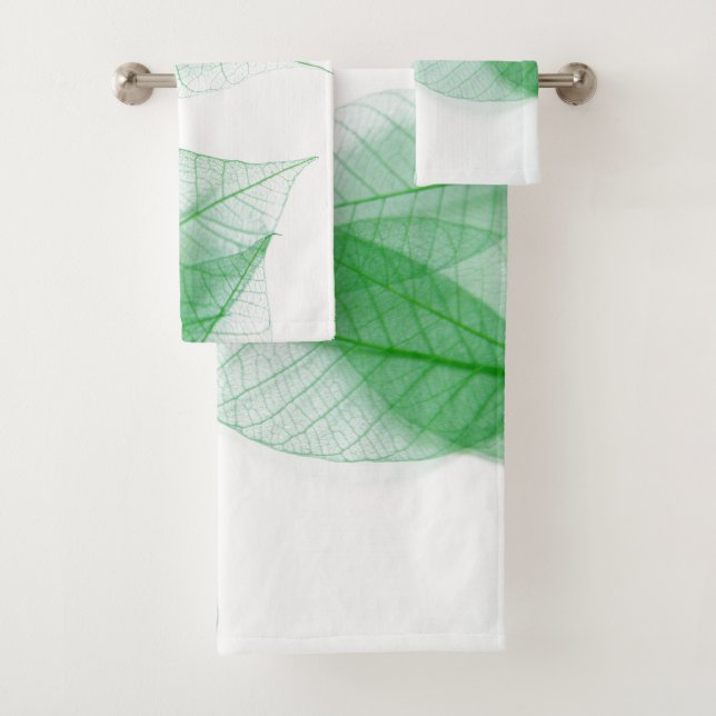 Leaf skeletons on white bath towel set (Insitu)