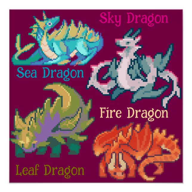 Leaf, sky, fire, sea Dragon pixel art Poster (Front)